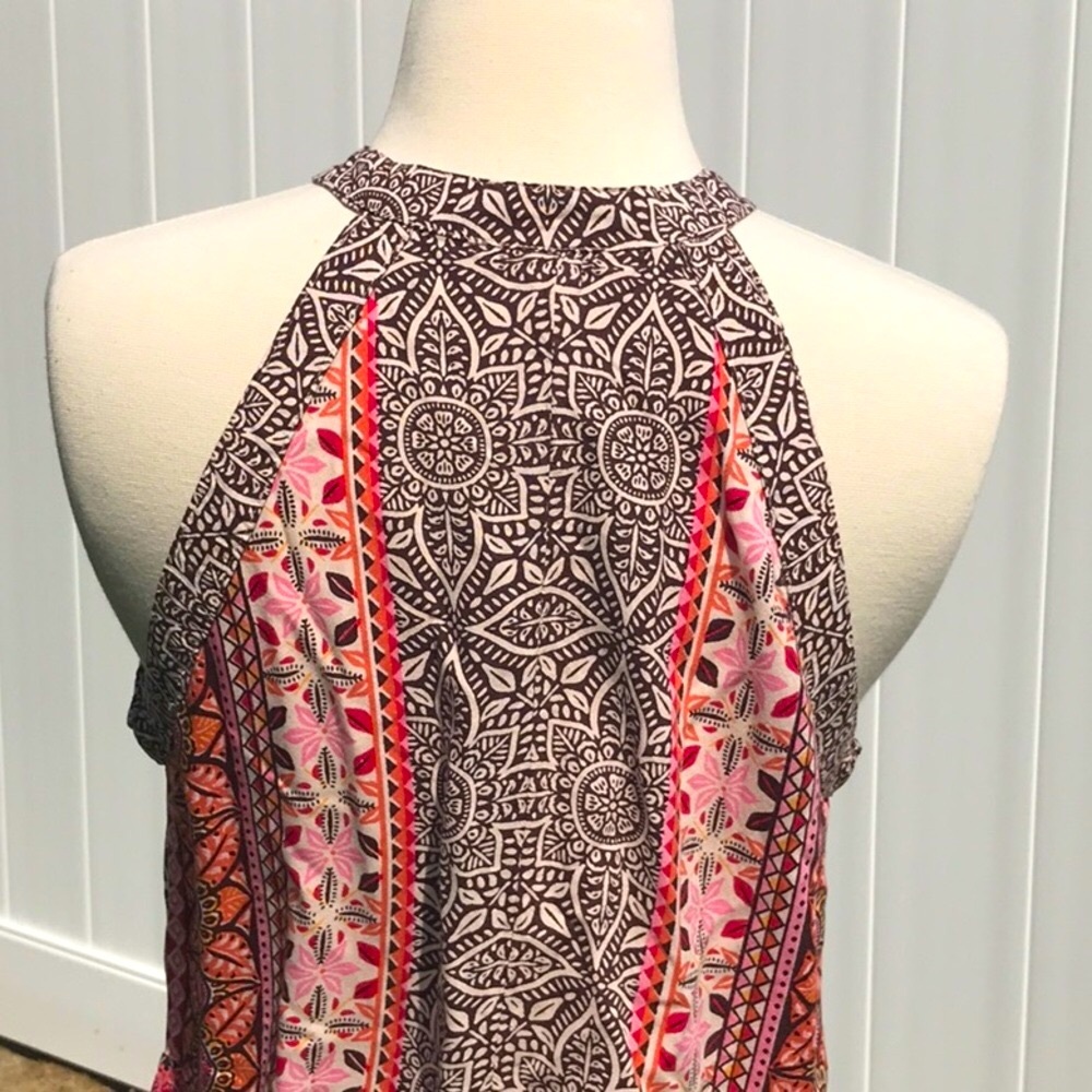 Miami Boho Brown Orange Pink Cream Floral Printed Halter Midi Dress Size Medium - Picture 7 of 16
